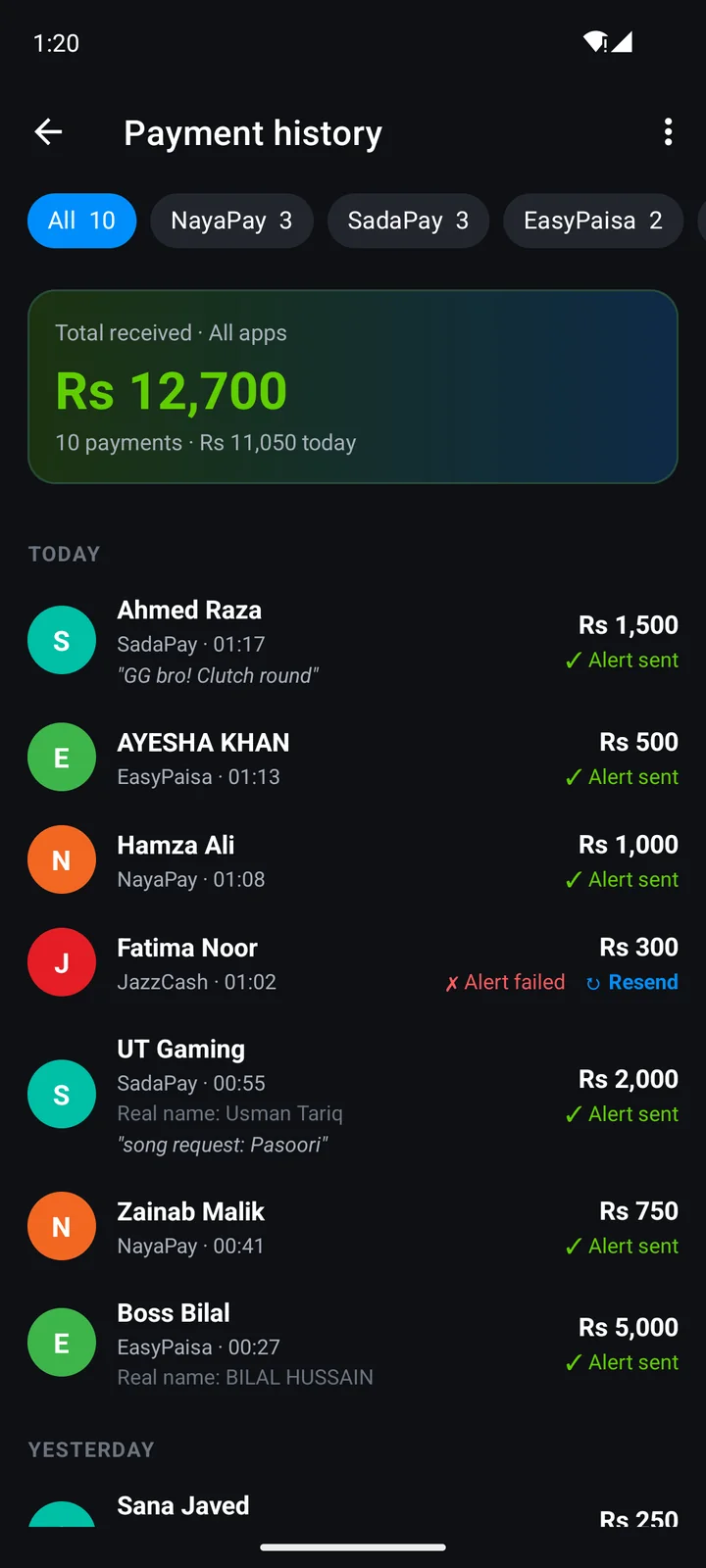 StreamPay payment history