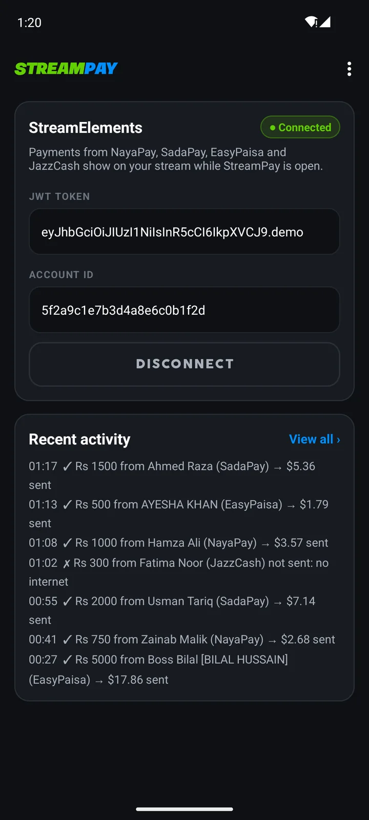 StreamPay home screen