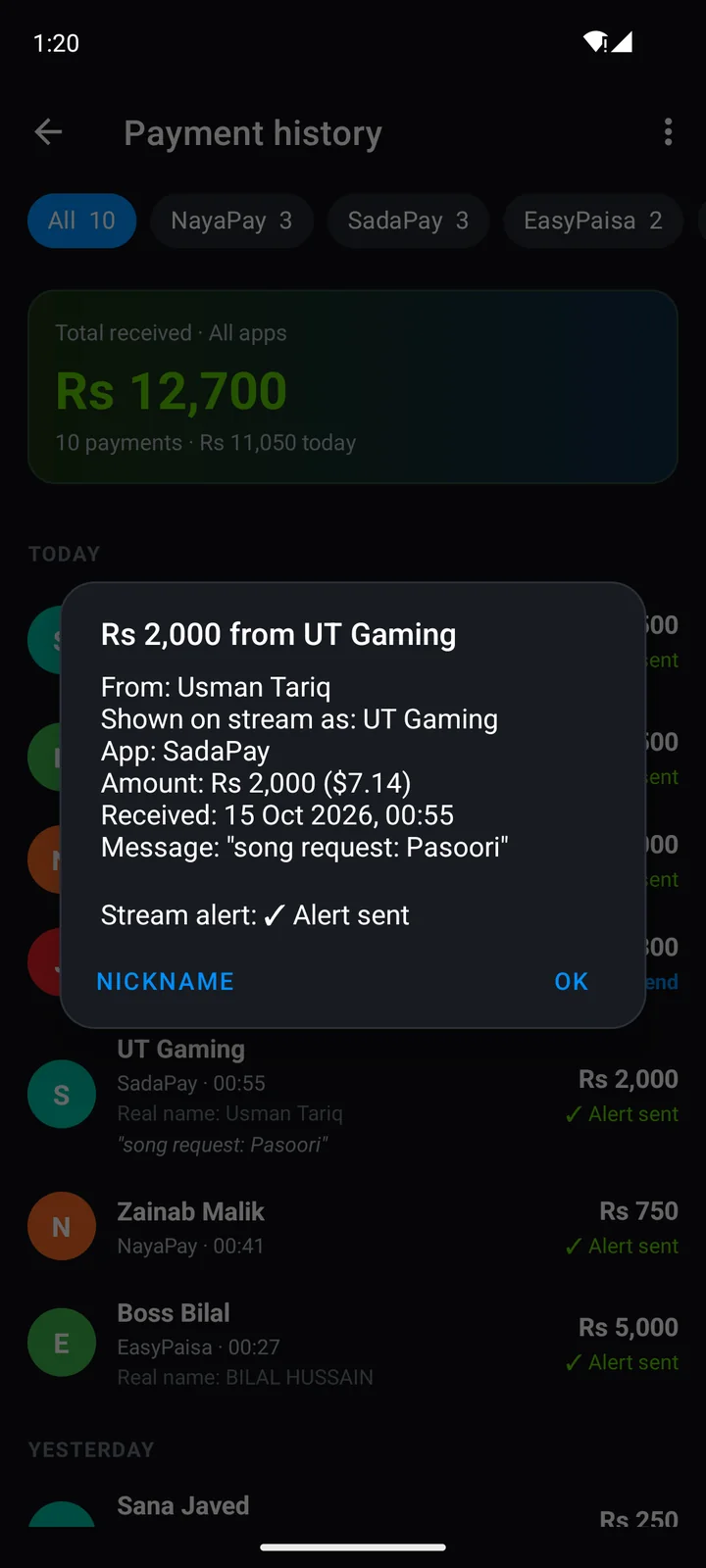 StreamPay payment details